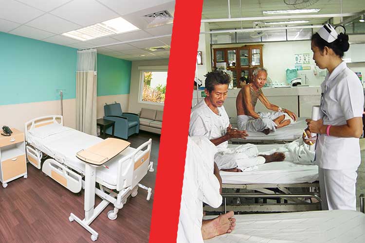 Enerom p&aring; privat sykehus (tv.) er dyrt. Noen pensjonister m&aring; ta til takke med offentlig helsevesen.